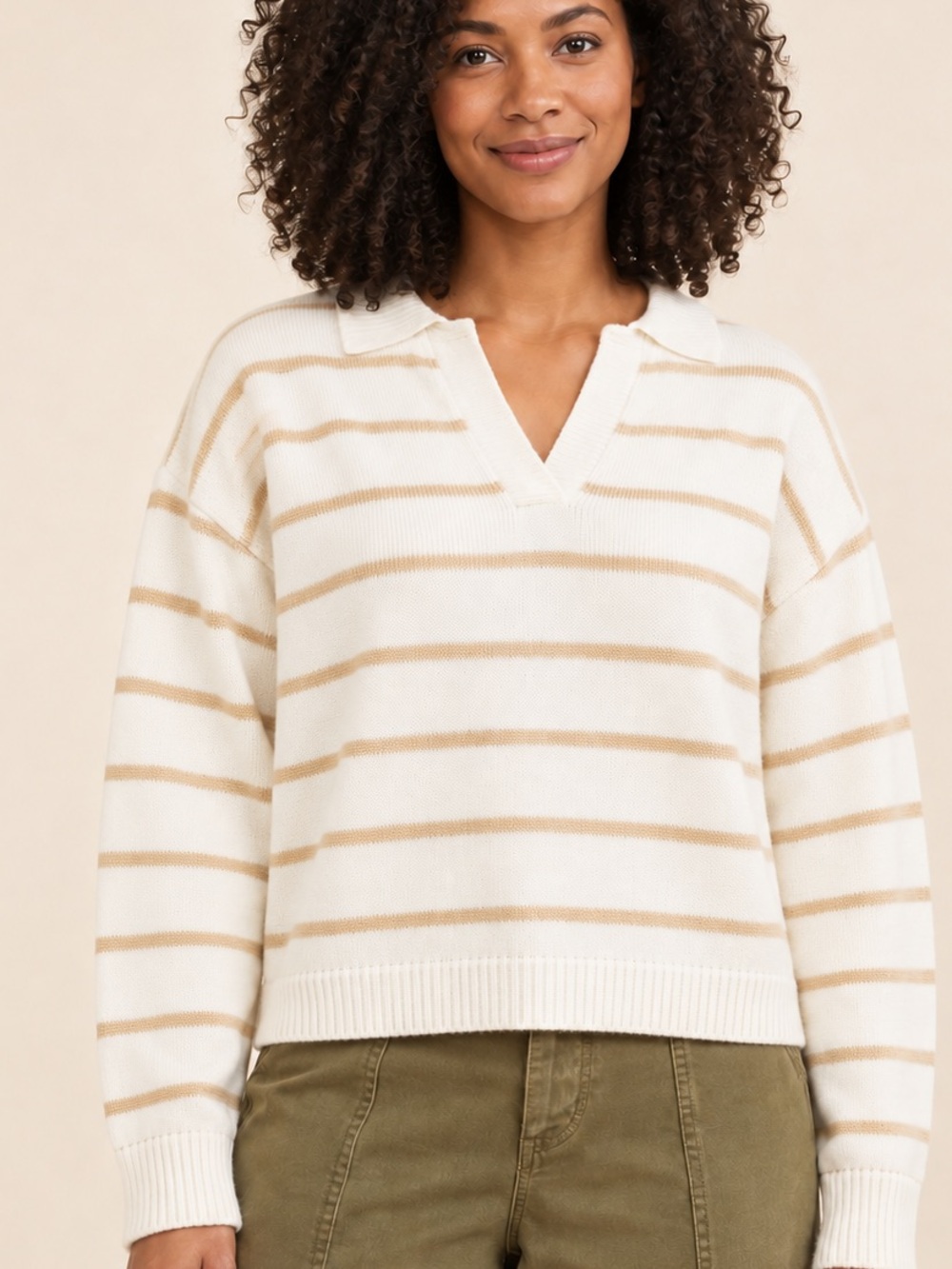 Sanctuary XS Cream Camel Striped Cotton Split-Neck Sweater EUC